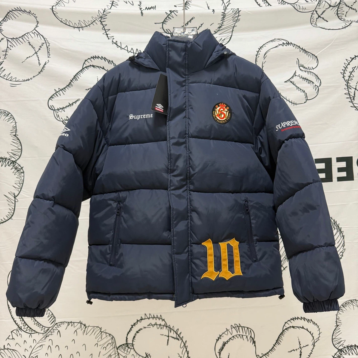 Supreme x Umbro Men Hooded Puffer Jacket Embroidered Football Winter Coat